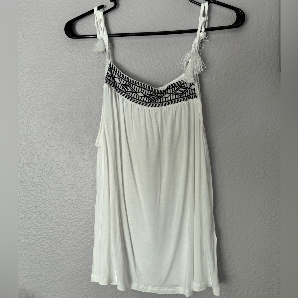 Venus Loscana White and Black Embroidered Sun Top W Tassel Adjustable Ties.